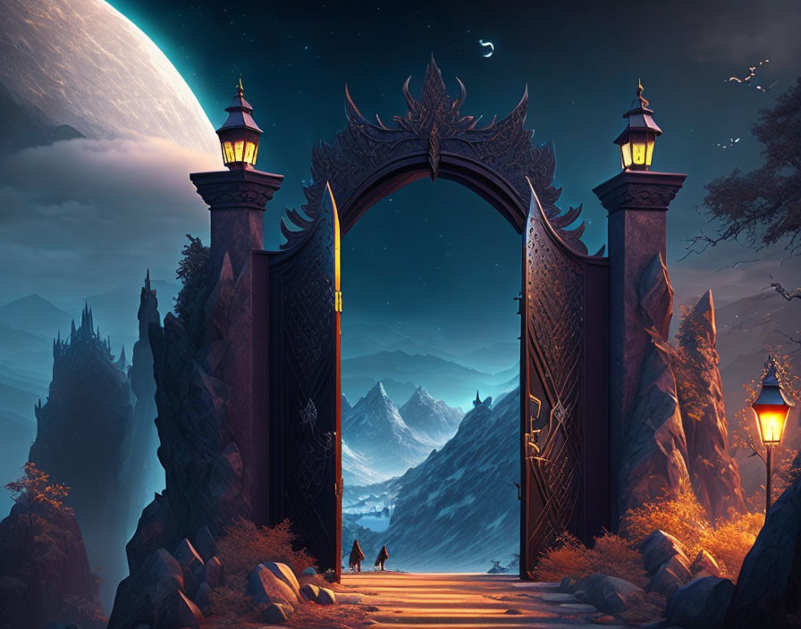 Ornate gate at night with glowing lanterns & mystical mountain landscape