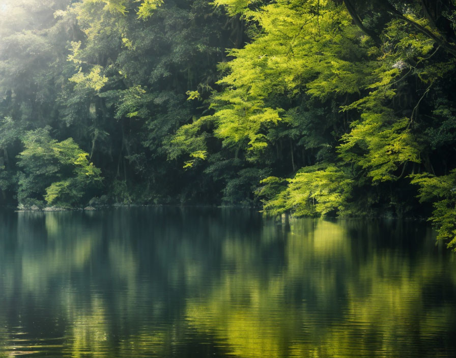 Vibrant green leaves and sunlight reflected in forest lake