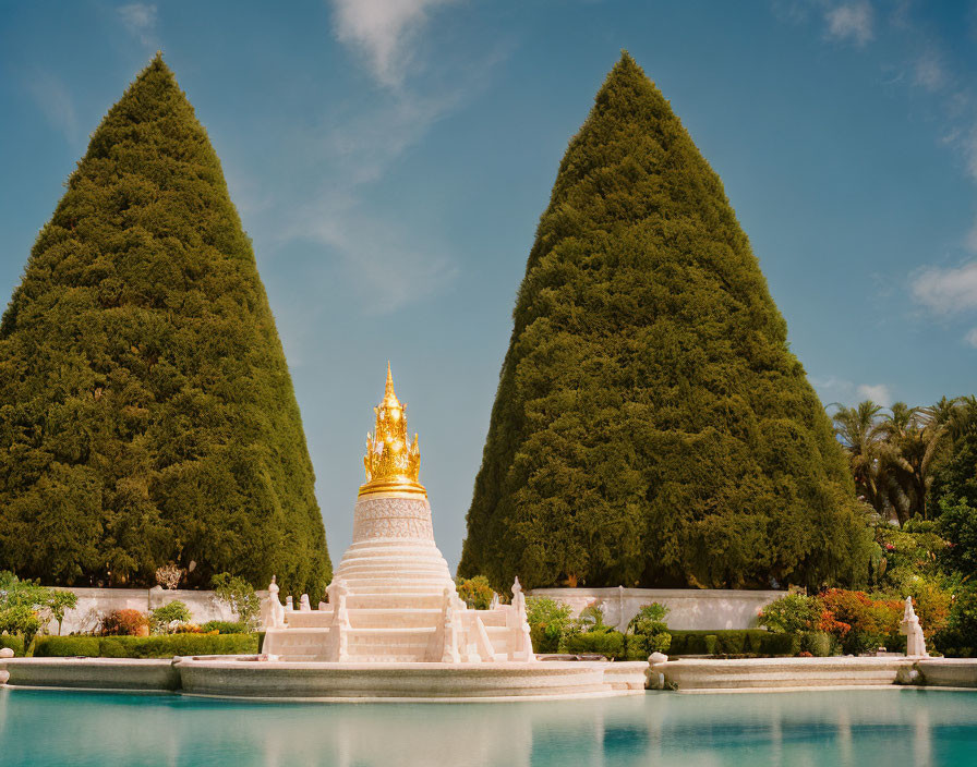 Trimmed cone-shaped trees frame golden pagoda near tranquil pool in lush setting