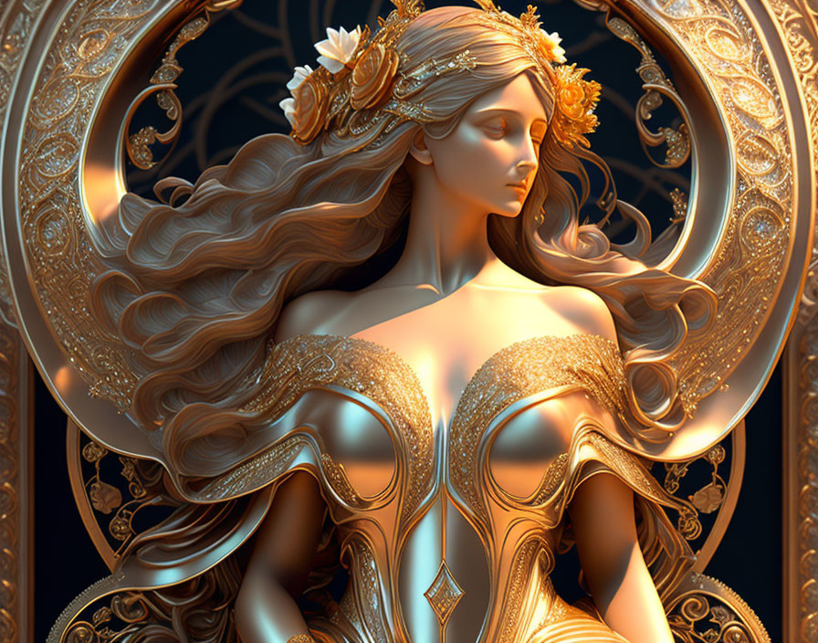 Golden female figure with intricate hair and headpiece on circular pattern backdrop