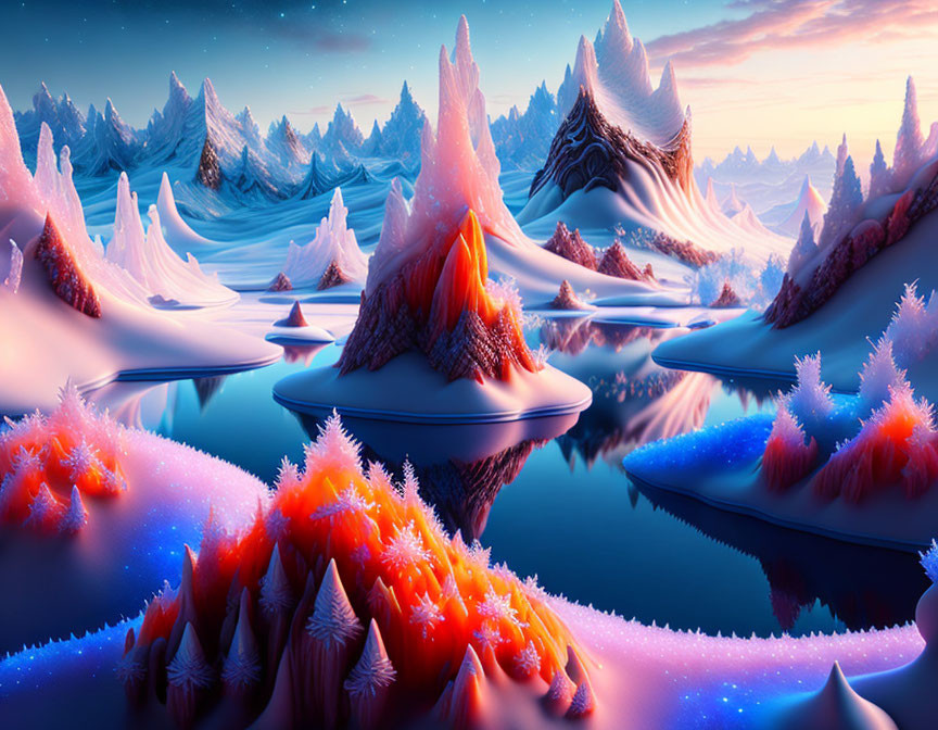 Fantastical snowy landscape with colorful glowing flora