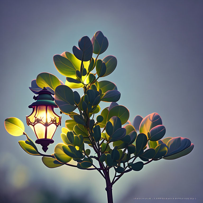 Vintage street lamp casting warm glow on green leaves against dusky sky