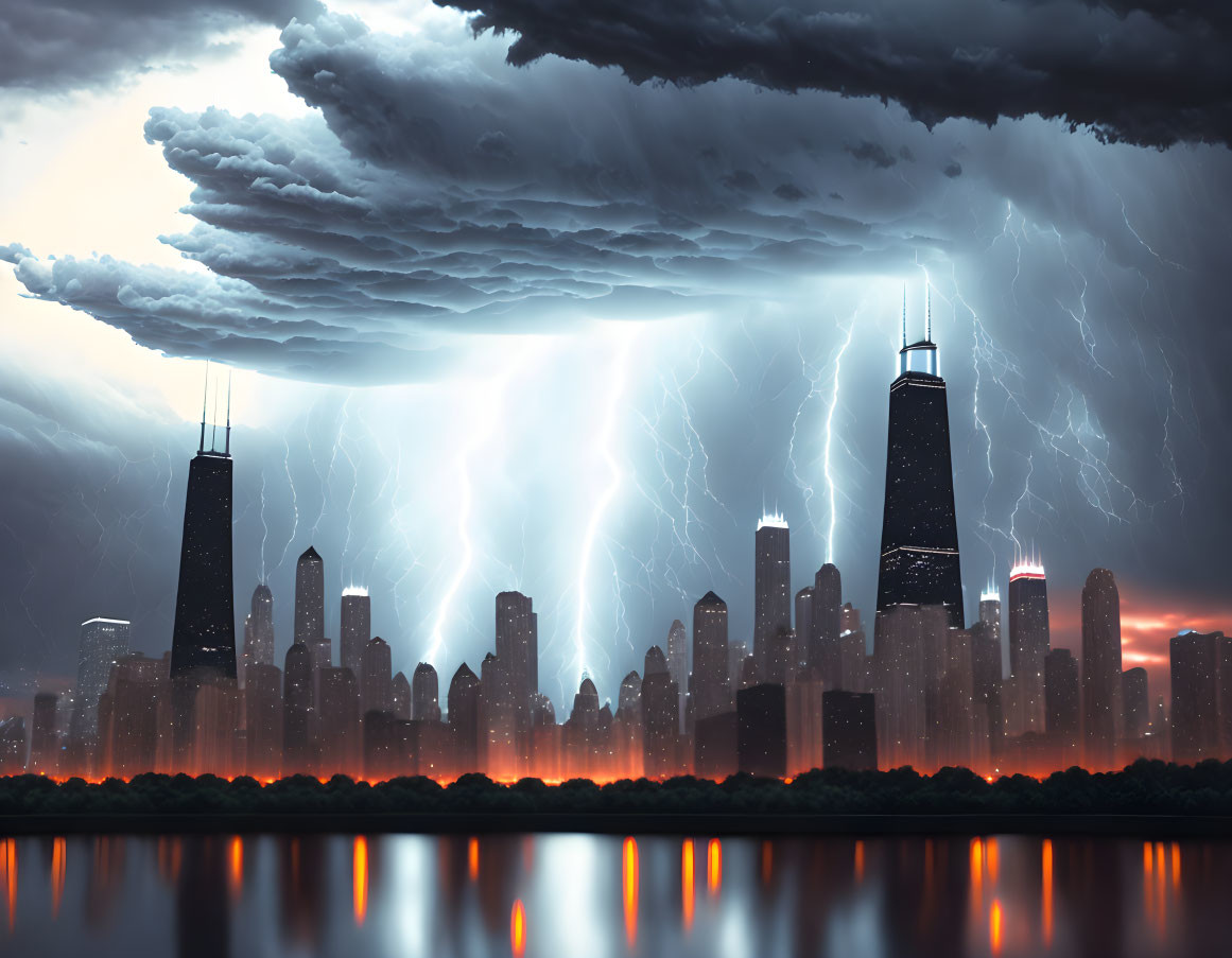 Dramatic thunderstorm over city skyline with lightning strikes and dark clouds reflected in water