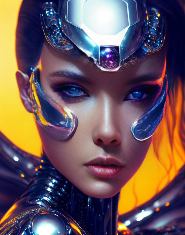 Futuristic woman in metallic armor with blue and orange tones
