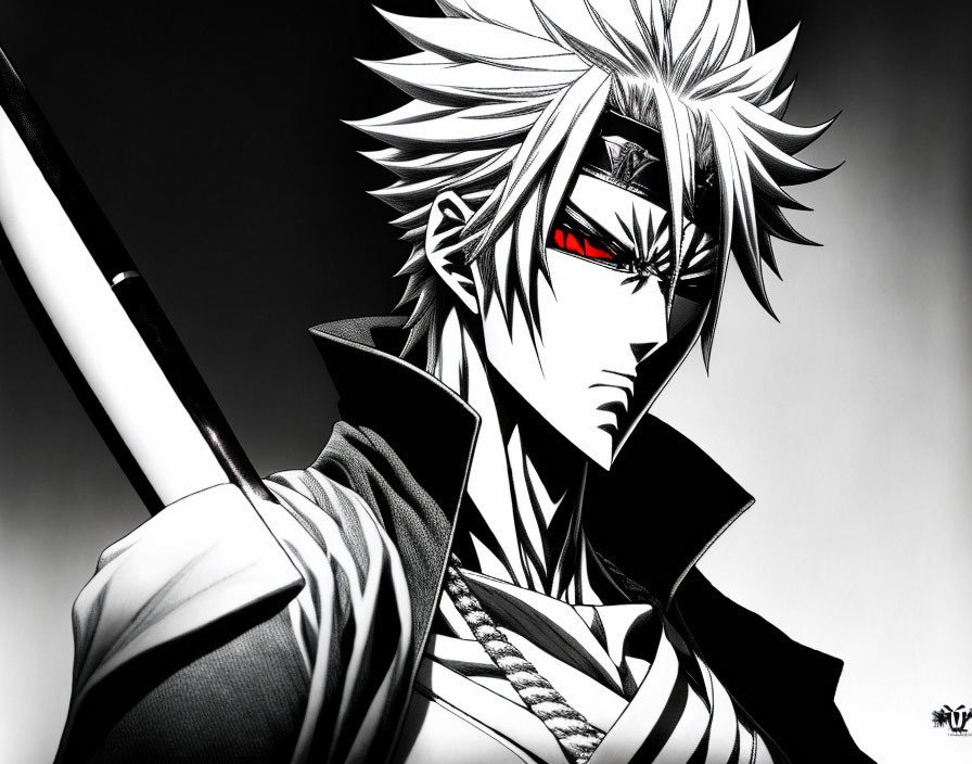 Monochrome anime character with spiky hair and katana in dramatic setting