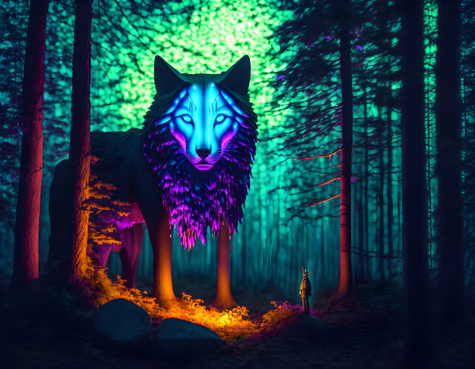 Luminescent multicolored wolf in mystical forest with neon figure