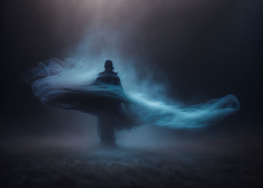Mysterious figure in flowing translucent cloak amidst misty surroundings