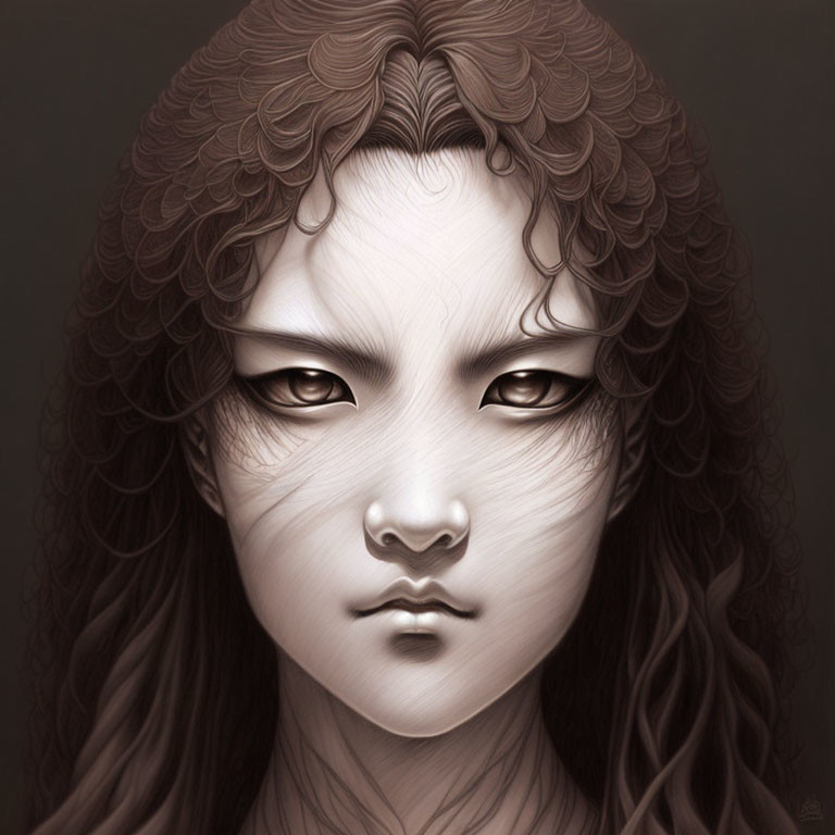 Monochromatic digital portrait with intense gaze, full lips, and intricate hair texture.
