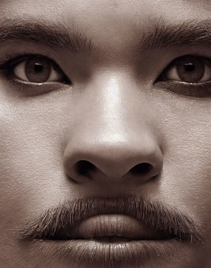 Detailed Close-Up of Person's Face with Focus on Eyes, Nose, and Mustache