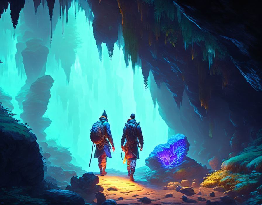 Traditional attire figures in luminous cave with glowing crystals