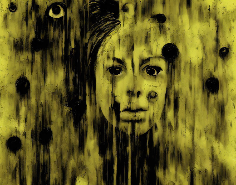 Surreal face blending into yellow wooden background with dark knots