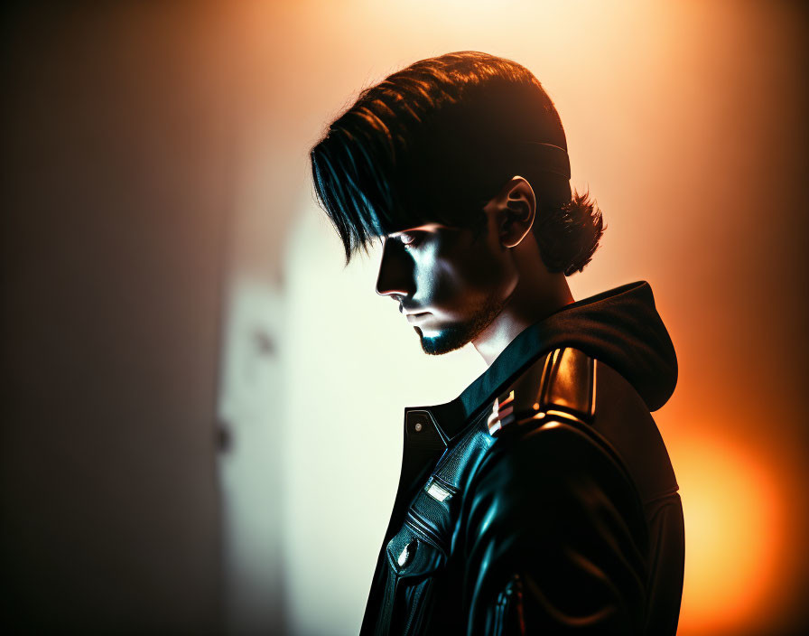 Stylish man portrait in leather jacket with warm backlight