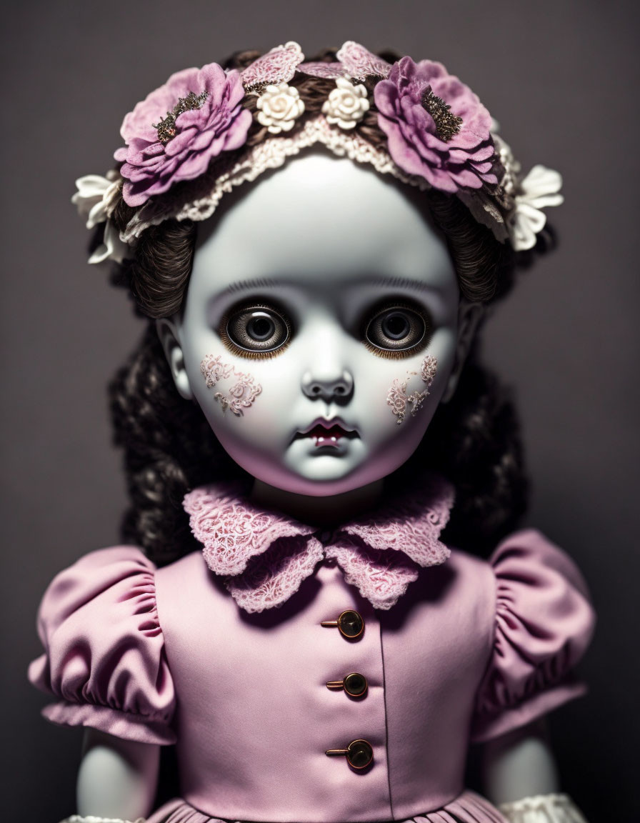 Porcelain doll with large eyes in pink dress and floral headband.