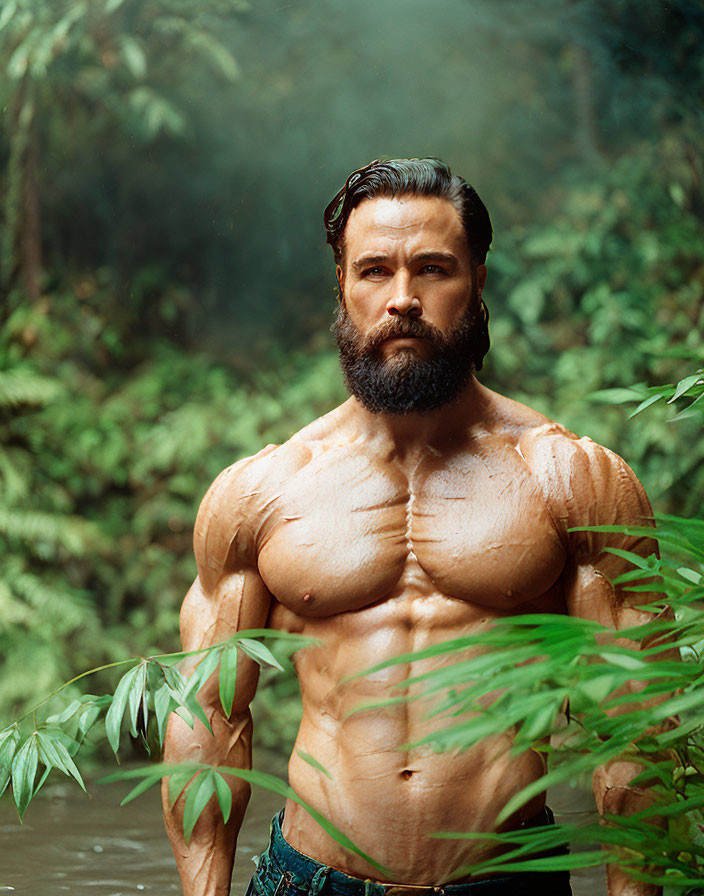Muscular Shirtless Man with Beard in Lush Forest