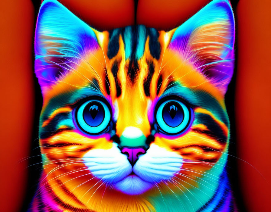 Colorful Digital Artwork: Cat with Blue Eyes in Psychedelic Pattern