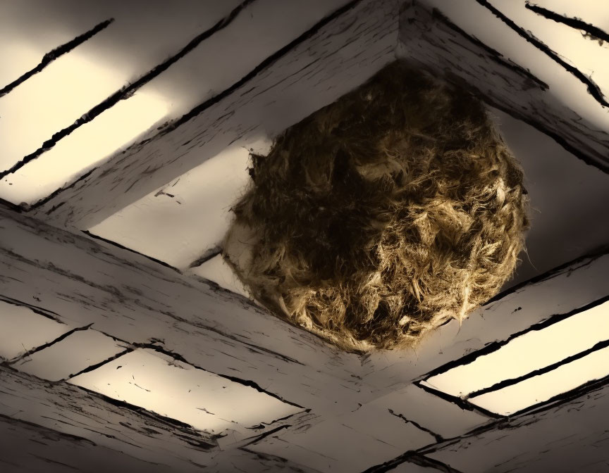 Bird's Nest Among Wooden Beams: Warm Light and Shadows