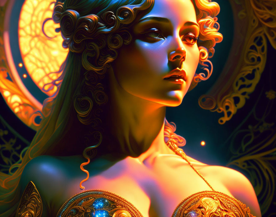 Colorful digital portrait of a woman with intricate curls and golden patterns in surreal setting
