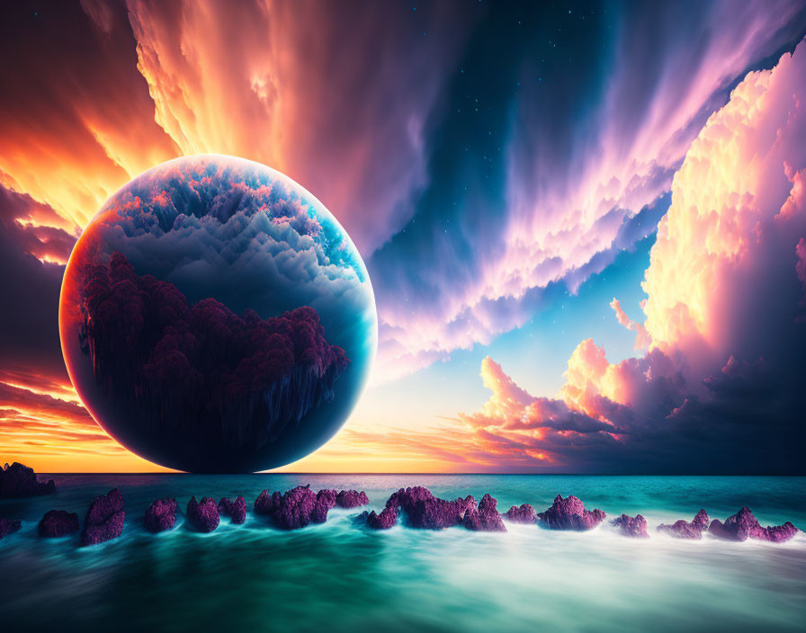 Surreal landscape with giant floating orb, cloudy sky, serene sea, purple rocks, dramatic sunset