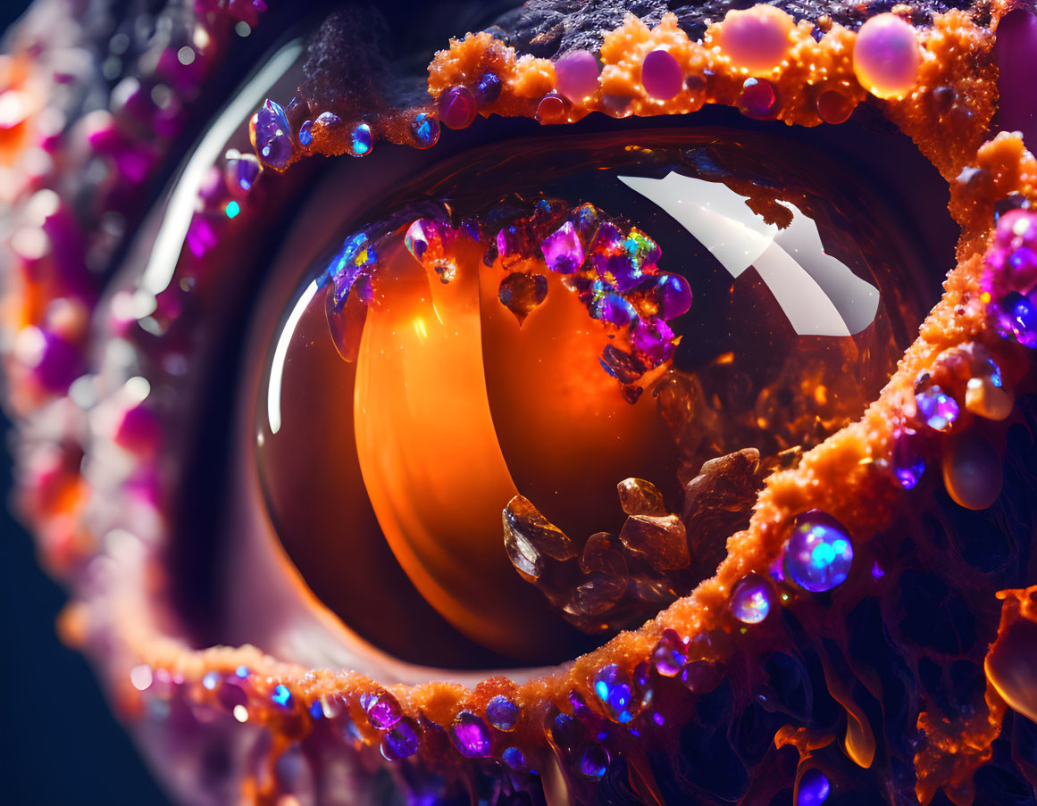 Colorful jeweled eye with vibrant orange hues and crystal-like formations.