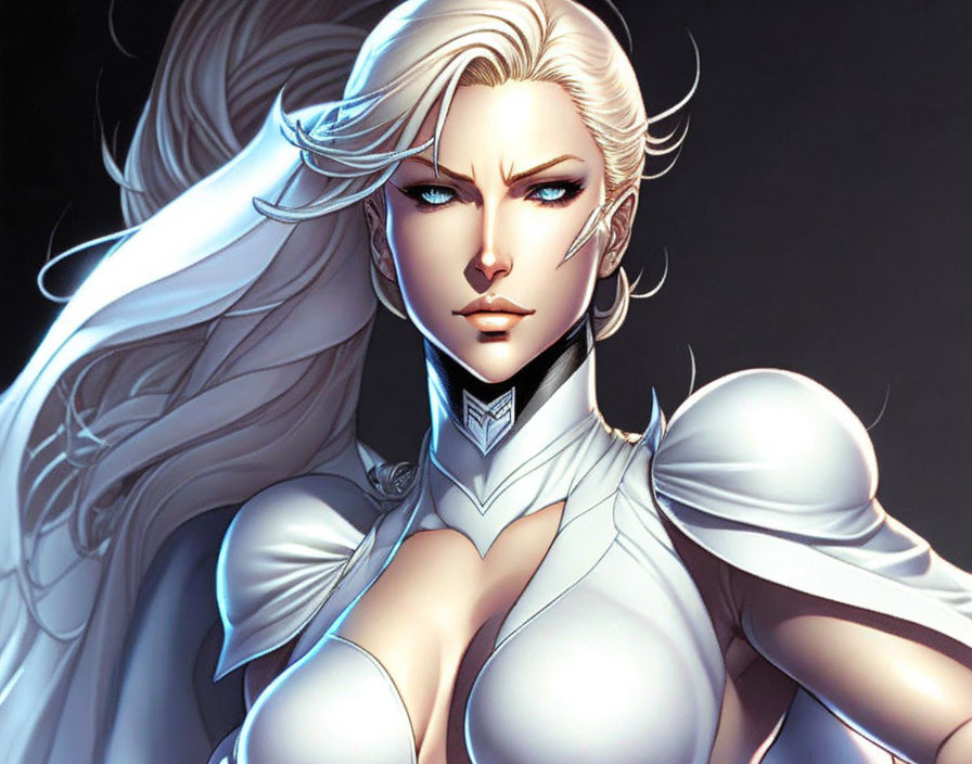 Strong Female Character with White Hair in Futuristic Armor