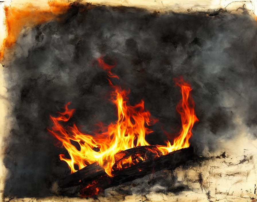 Intense orange flames consuming wood with billowing smoke on dark background