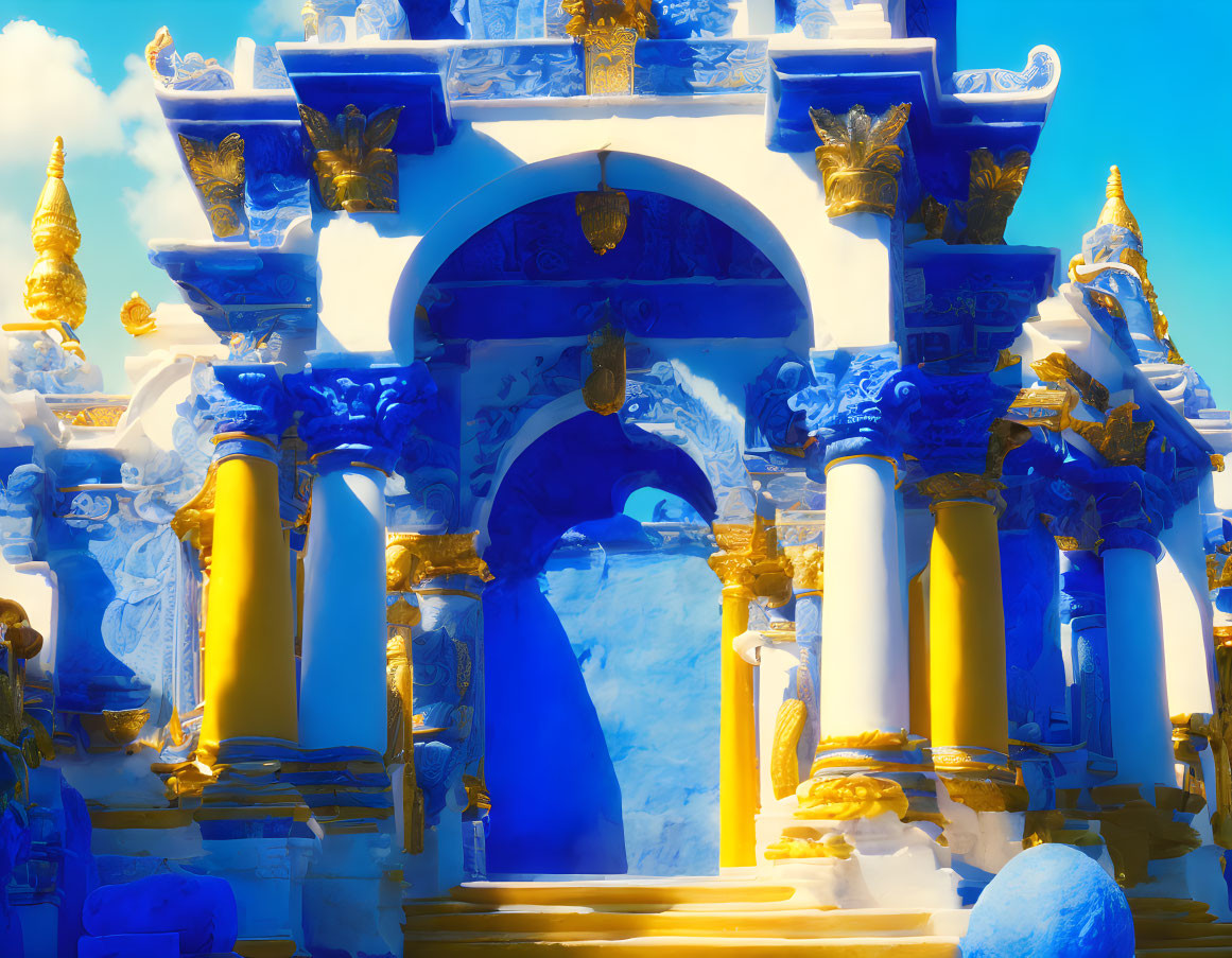 Intricate Blue and Gold Temple Facade with Traditional Architectural Elements