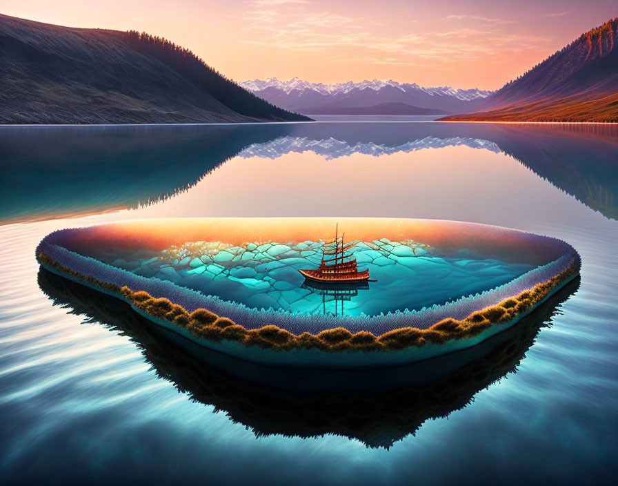 Surreal ship on crystal-clear lake with floating island and mountains at sunrise or sunset