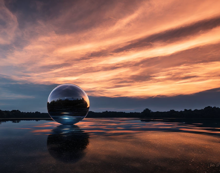 Serene landscape reflected in crystal ball under dramatic sunset sky