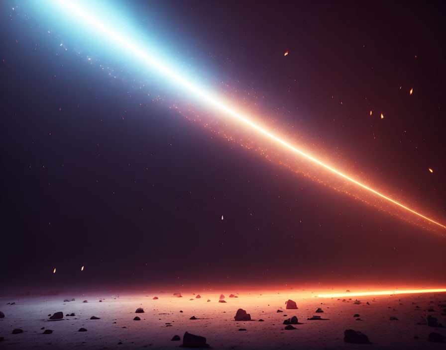 Bright meteor streaks across dusty alien landscape with scattered rocks under starlit sky
