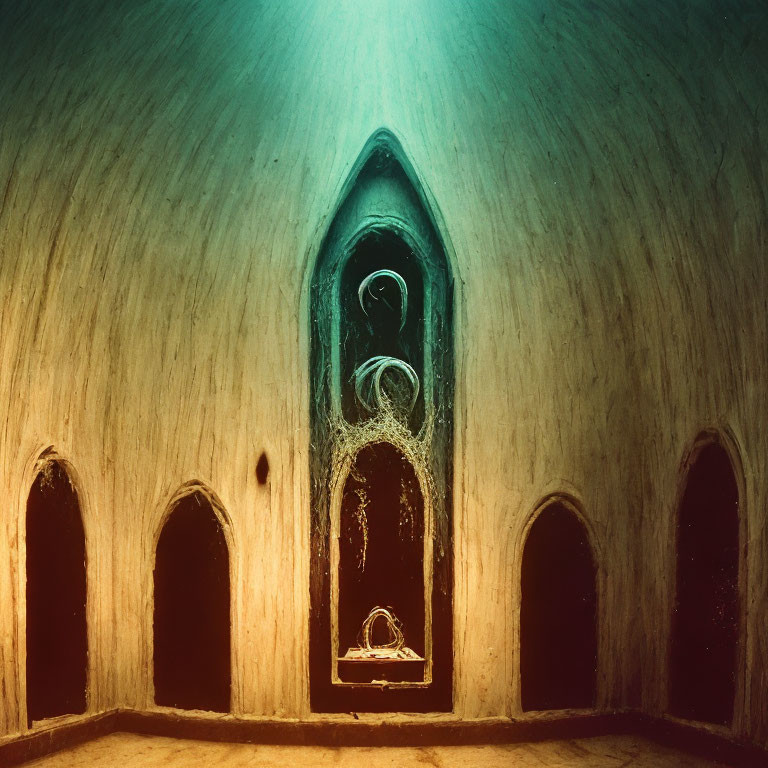Mystical green-toned room with Gothic arched windows and central glowing point.