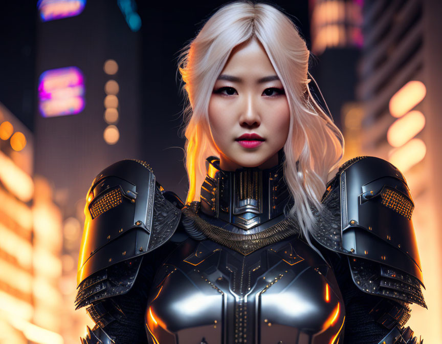 Futuristic armored woman in glowing elements in neon-lit cityscape