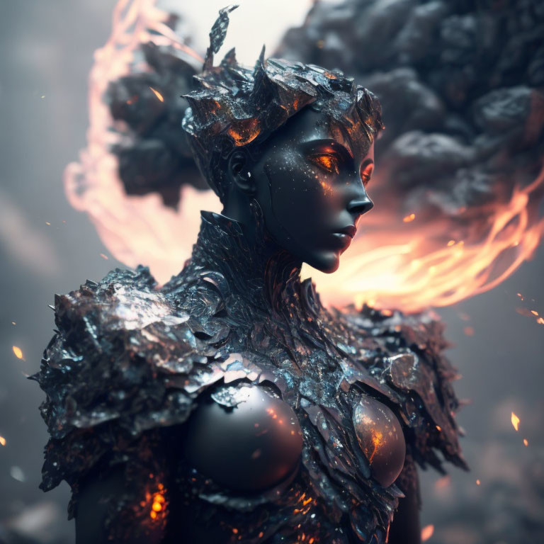 Digital artwork: Female figure with metallic look & fiery explosion