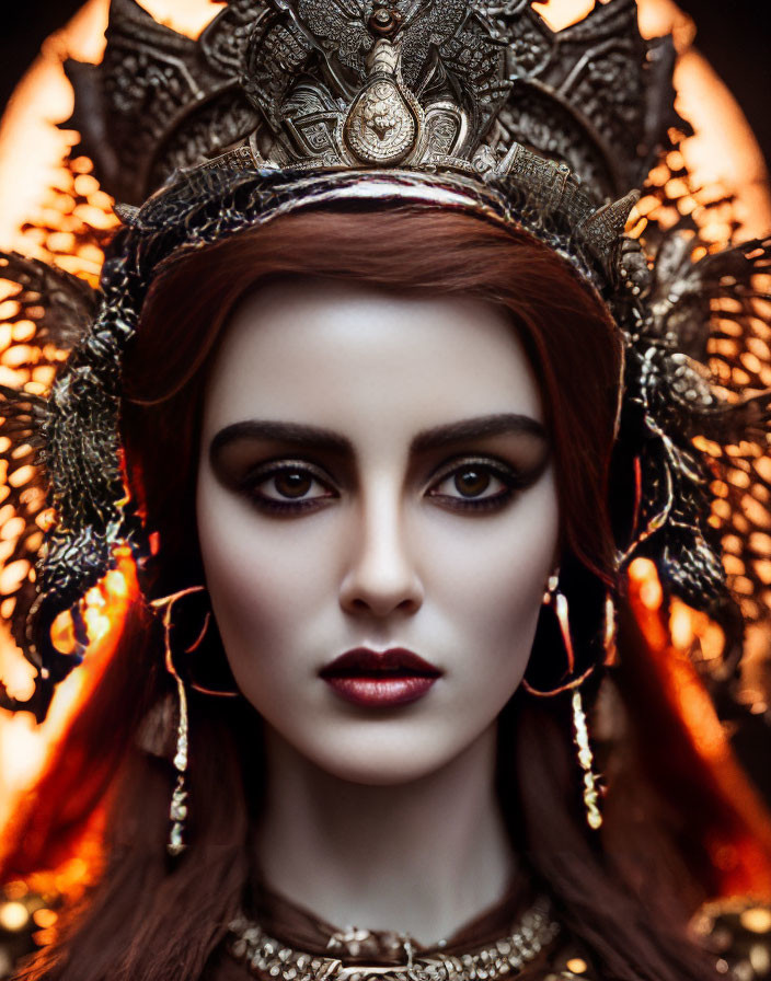 Regal woman with striking makeup and ornate crown on warm blurred backdrop