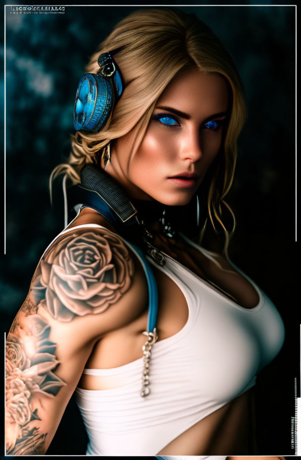 Female character digital art: blue-eyed blonde with DJ headphones and rose tattoo
