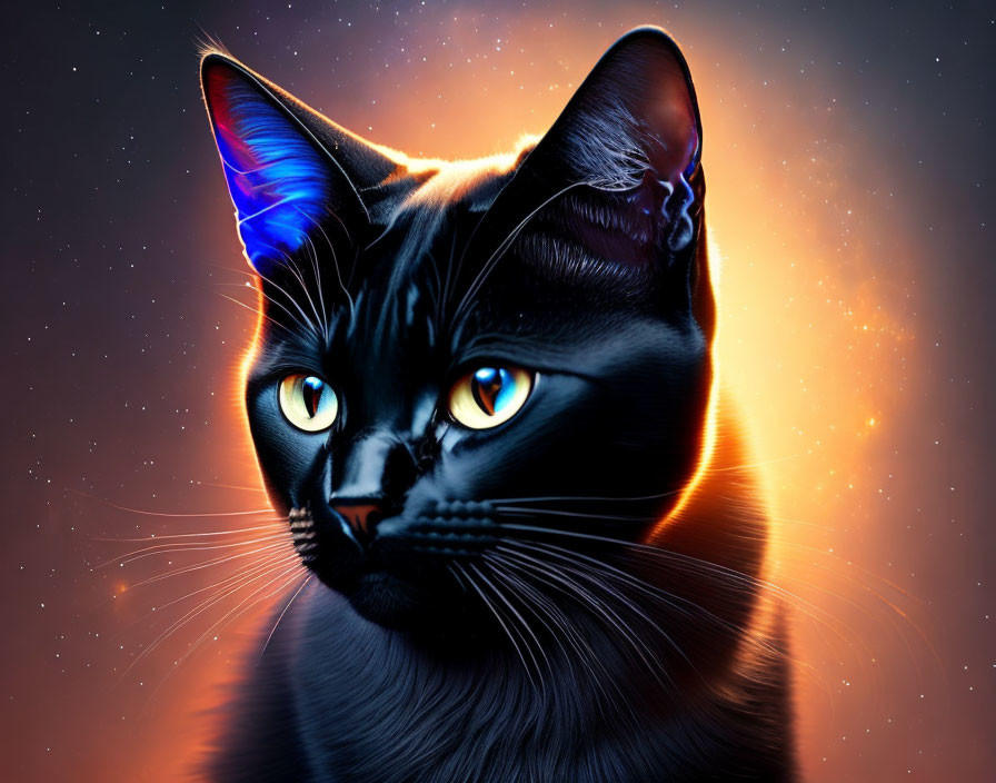 Black Cat Digital Art: Luminous Yellow Eyes & Iridescent Blue Ears on Starry