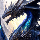 Detailed illustration of majestic blue dragon with iridescent scales and butterfly-like wings in cosmic scene