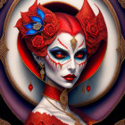 Fantasy Portrait: Woman with Red and White Makeup, Horn-like Hair, Ornate Attire,