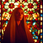 Contemplative nun in front of colorful floral stained-glass window