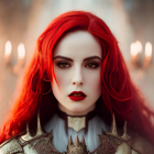 Vibrant red-haired woman with bold makeup and white blouse