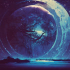 Transparent sphere with tree silhouette in fantastical landscape