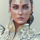 Woman with decorative headwear and metallic shoulder armor in intense gaze.