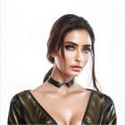 Portrait of a woman with blue eyes and dark hair in gold choker and black outfit