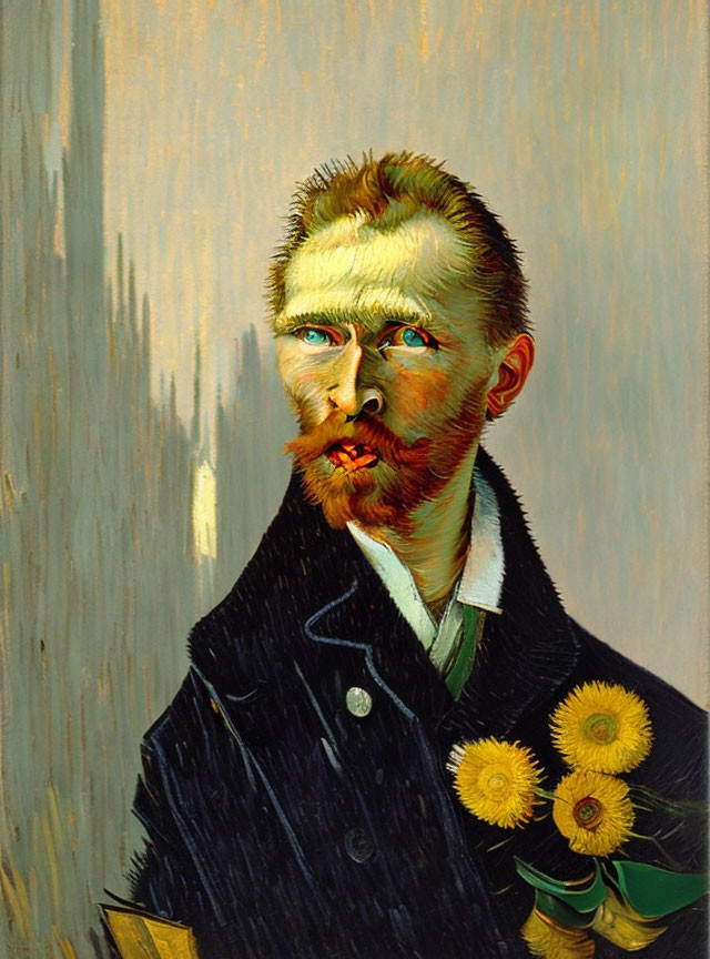 Bearded man with red hair holding palette, intense gaze, yellow flowers, streaked background