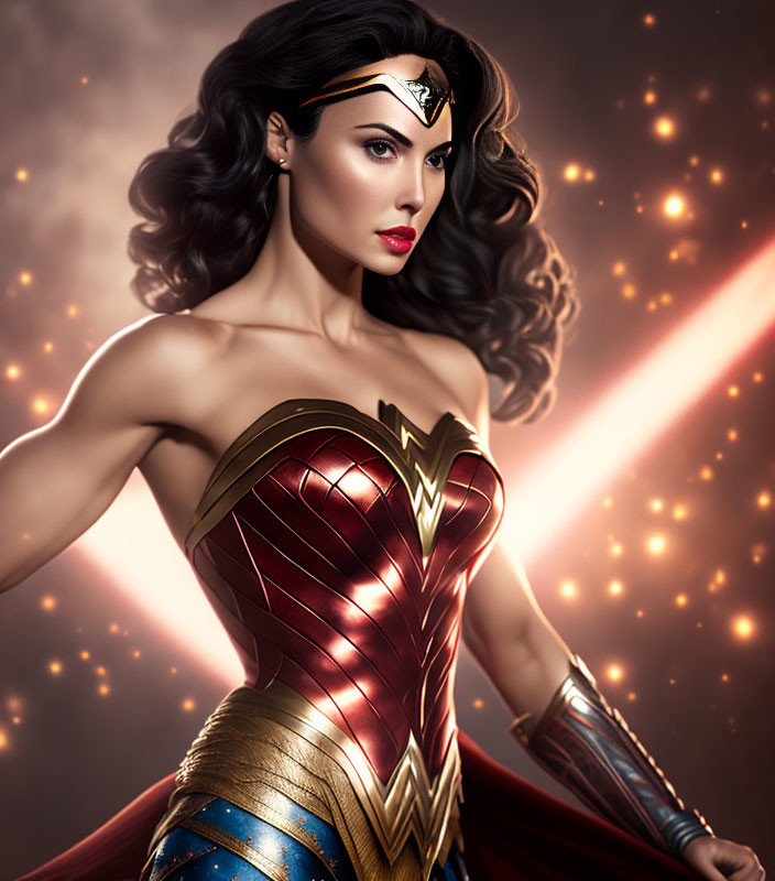 Female superhero digital artwork with dark hair and golden tiara in red and gold bodice, wearing blue