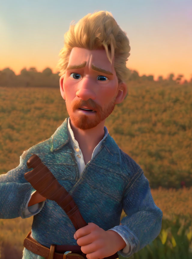 Blonde-Haired Male CG Character in Blue Shirt with Beard and Concerned Expression on Golden Field Background
