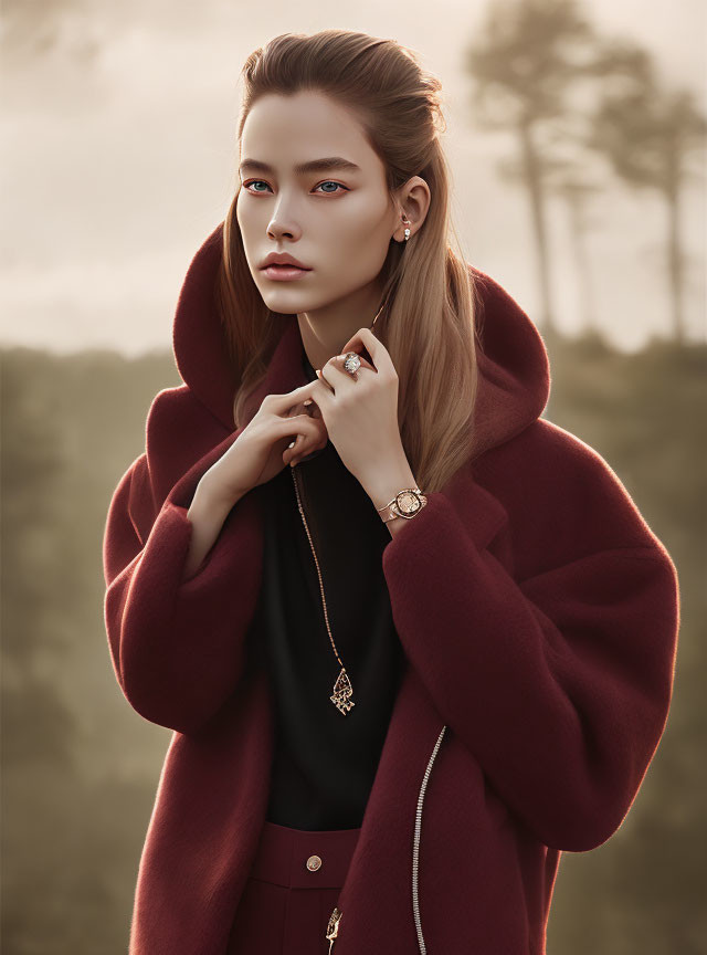 Woman with Blue Eyes in Burgundy Coat and Accessories Against Natural Backdrop