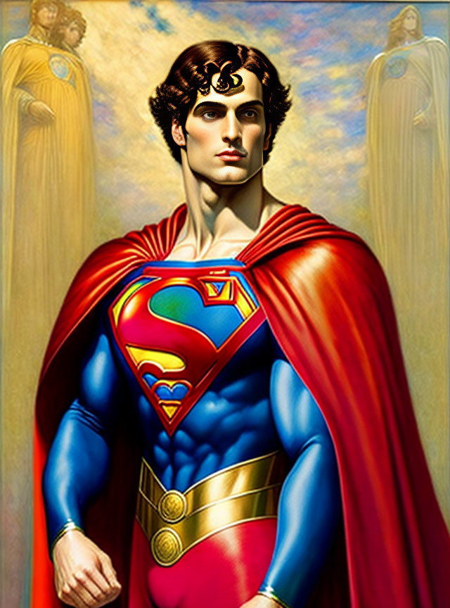 Superman in traditional suit with red cape and "S" logo, angelic heavenly backdrop