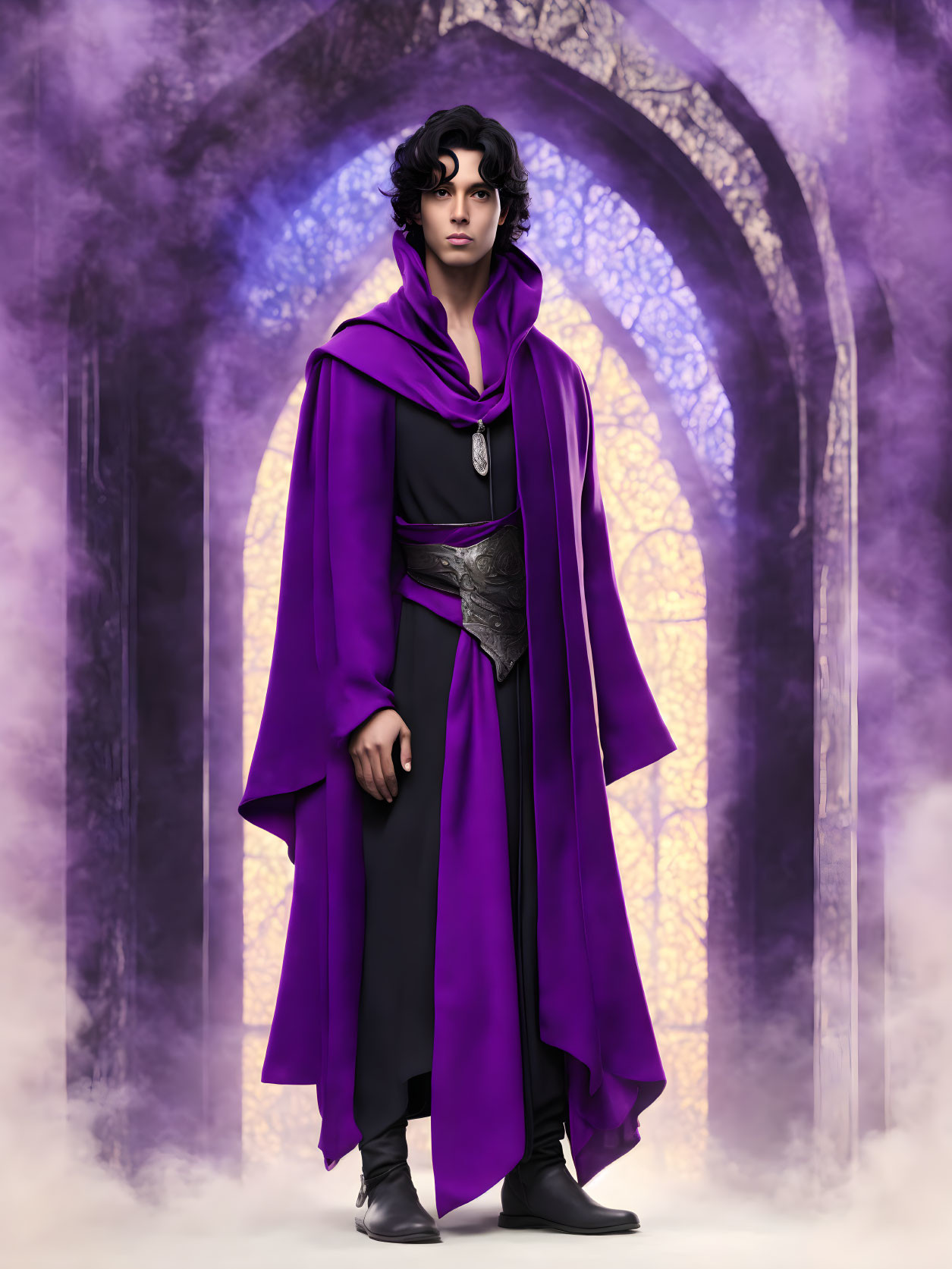 Person in purple cloak with stone archway and mystical fog background