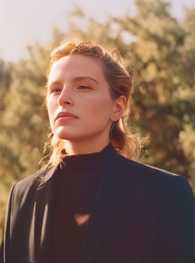 Woman in black turtleneck and blazer outdoors with sunlight filtering through trees