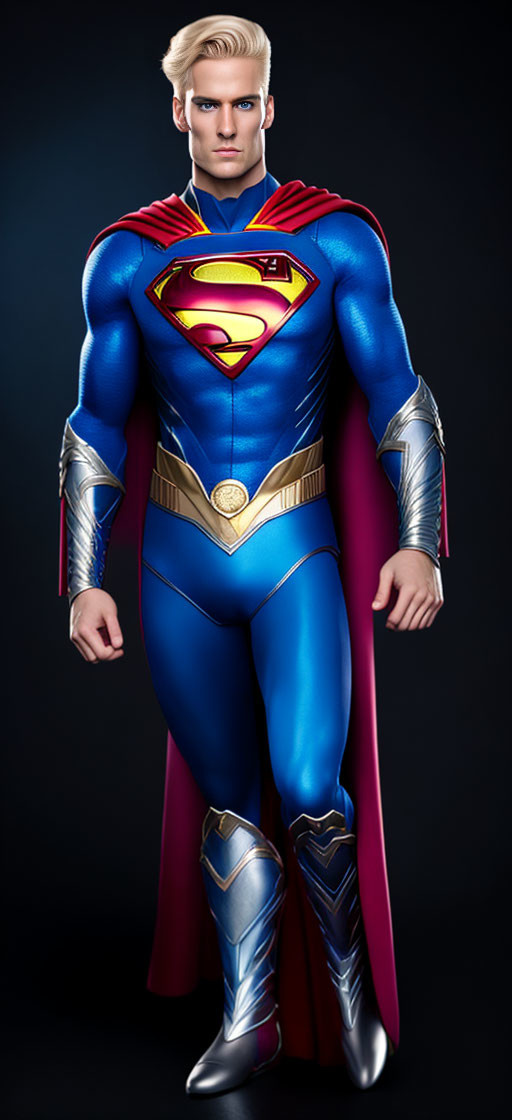 Superhero with red cape, blue suit, and 'S' logo on dark background